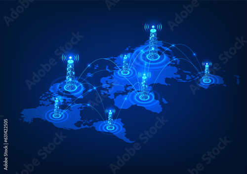 Transmission tower technology Cell towers on a world map with connection lines. Refers to the technology of transmitting signals that go to the world to communicate with each other around the world.