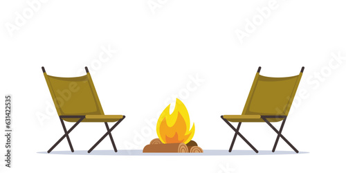 Campfire and camping chairs. Summer portable outdoor furniture for traveling. Climbing, hiking, trakking sport, adventure tourism, travel, backpacking. Vector illustration.