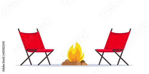 Campfire and camping chairs. Summer portable outdoor furniture for traveling. Climbing, hiking, trakking sport, adventure tourism, travel, backpacking. Vector illustration.
