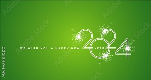We wish You a Happy New Year 2024 white double line design numbers with light sparkle firework lucky green background greeting card