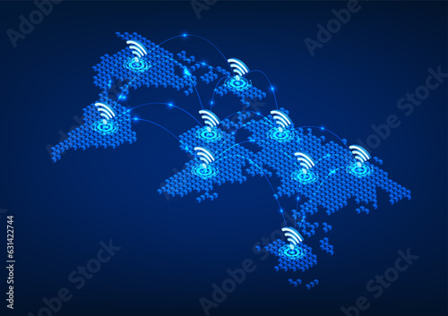 WiFi technology on an interconnected world map Refers to the Wi-Fi technology that is used around the world to access the Internet signal. access to communications isometric image