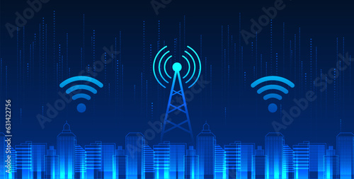 Cellular technology is located in a smart city with wifi icon. A smart city concept with towers to provide city people with access to information. Send business communications smoothly.