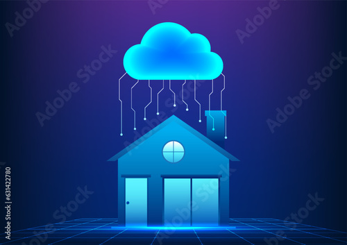 Cloud technology Clouds hover above the house with interconnected circuit boards. Refers to the technology for storing and sending data through the Internet that can be used at home and at work.