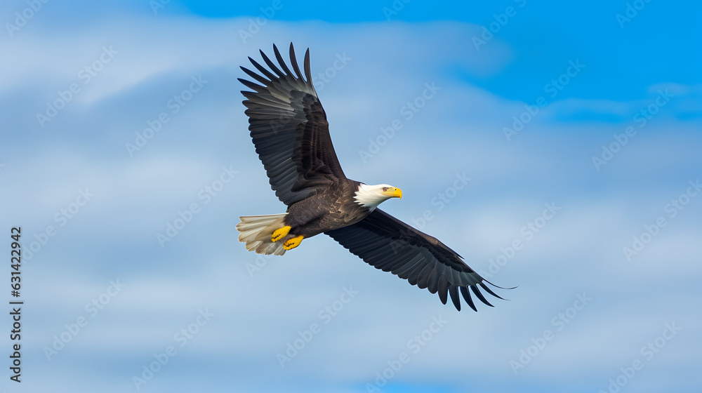 Naklejka premium American bald eagle soaring against blue sky.
