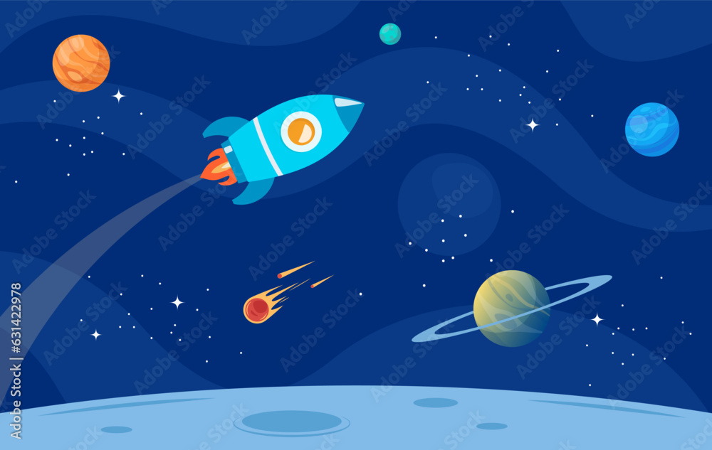 Space with rocket, planets and stars. Vector Illustration Of Space.