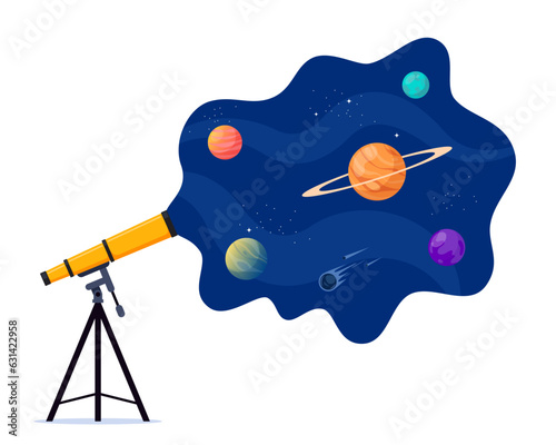 Astronomical telescope looks into space. Space. Planets, stars and comets through a telescope. Vector flat illustration.