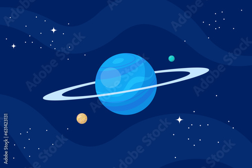 Planet globe with ring in outer space. Alien world with cosmic sphere and stars in cosmos. Astronomical celestial object in black night sky. Vector illustration.