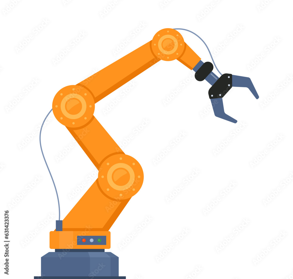 Robotic arm. Manufacturing automation technology. Industrial tool mechanical robot arm machine hydraulic equipment automotive. Vector illustration.