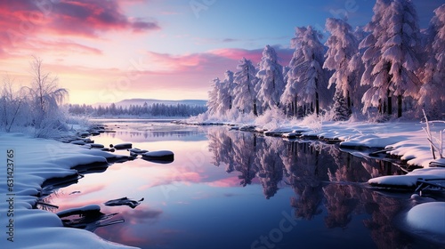 Beautiful winter forest on the river at sunset. Panoramic landscape with snowy trees, frozen river with reflection in water. Seasonal © Naveenkrishna