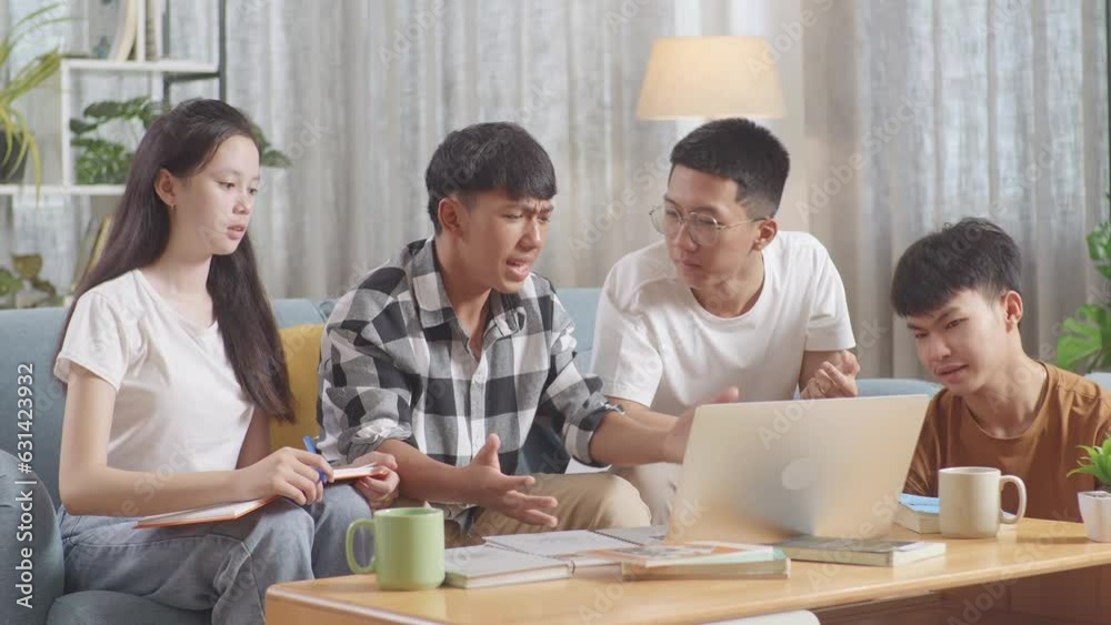 Asian Teen Group Studying At Home. Group With Books Looking At A Laptop Arguing And Trying To Blame Each Other
Asian Teen Group Studying At Home. Group With Books Looking At A Laptop Arguing And Trying To Blame Each Other