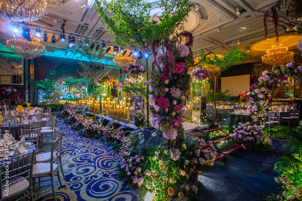 beautiful luxury wedding event colourful flower flora decoration concept and romantic lighting sculpture for outdoor garden rom solemnisation and hotel fine dining