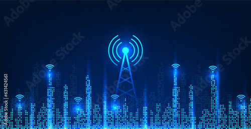Cellular technology located on the smart city is pixelated. Smart city concept with signal towers for people in the city to access information. Send business communications smoothly. photo