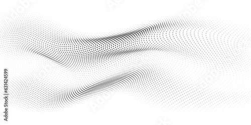 Fototapete Flowing dots particles wave pattern 3D curve halftone black gradient curve shape isolated on white background