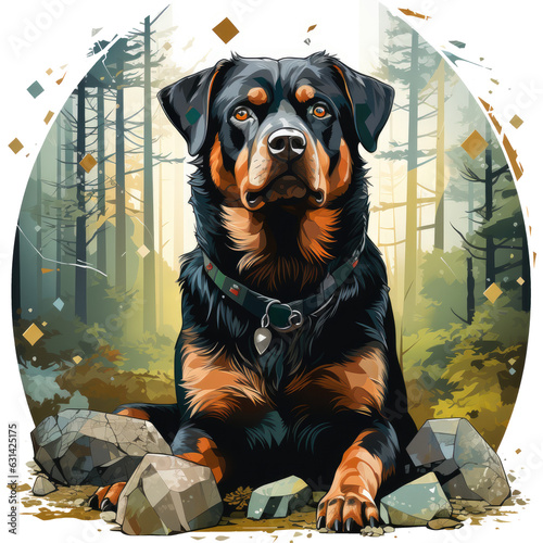 A Halloween Rottweiler dog, the keeper of the ancient runes, standing amidst a circle of standing stones, Generative Ai