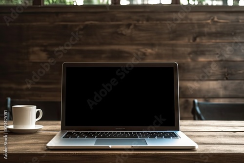 Modern office lifestyle. Coffee cup and laptop on wooden table in shop with copy space. Freelance work in cafe. Remote working concept