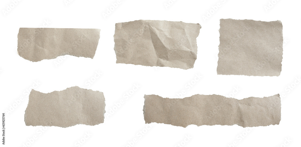 Set of grey torn paper pieces isolated on transparent background.