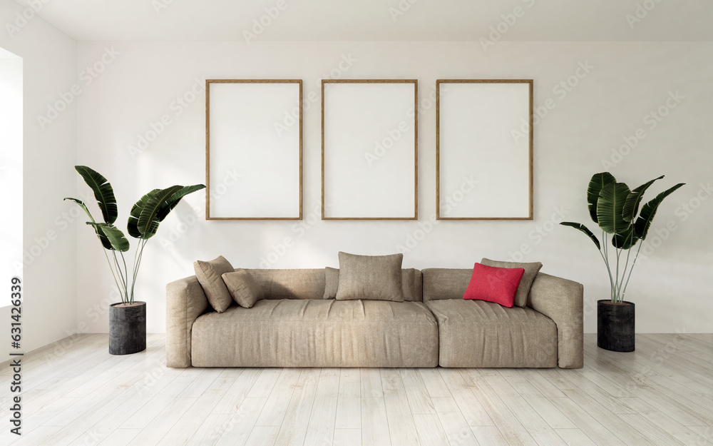 Naklejka premium empty room 3 Poster frame mockup house 3D rendering 