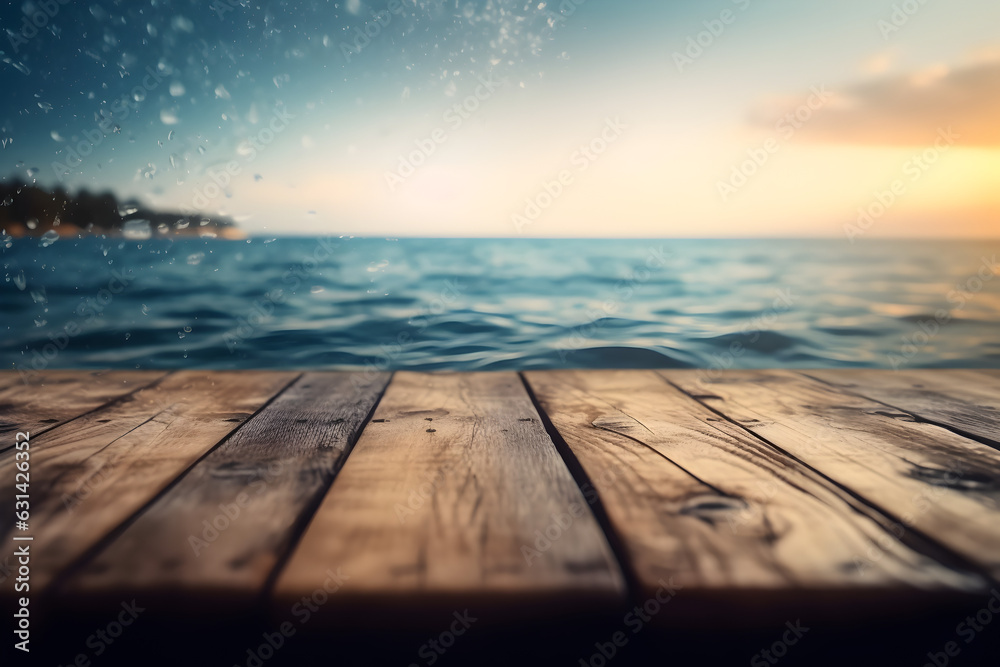 brown wooden floor object with sea water blurred background