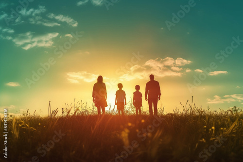 Family standing on meadow against clear sky during sunset