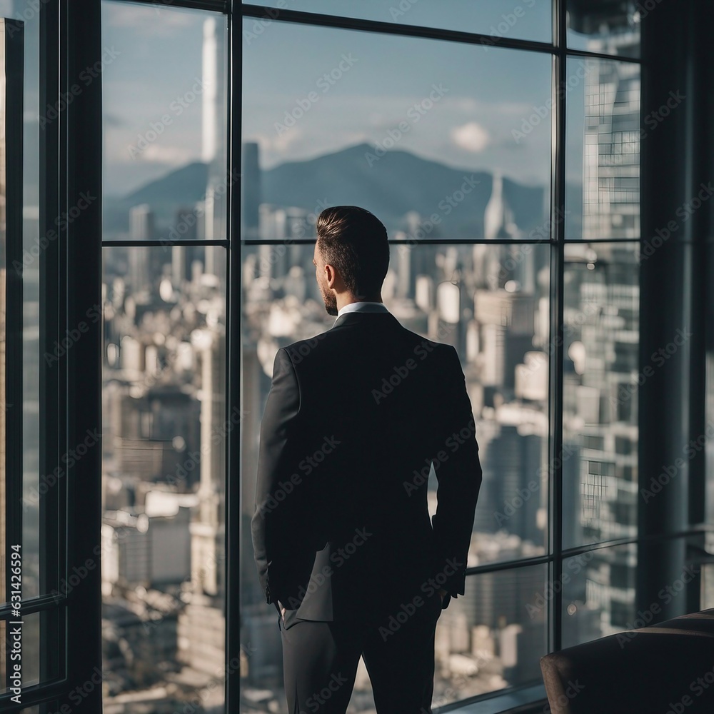 Man in suit, seen from behind, looking out over the city from a window.
Man in suit, seen from behind, looking out over the city from a window.