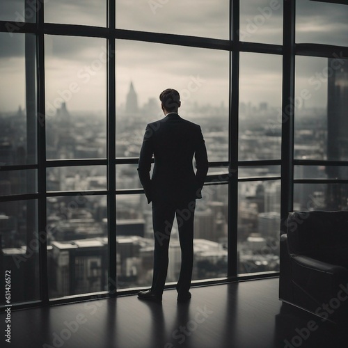 Man in suit, seen from behind, looking out over the city from a window.

