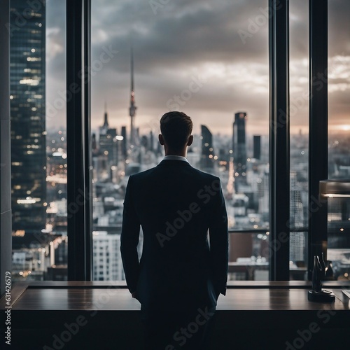 Man in suit, seen from behind, looking out over the city from a window.