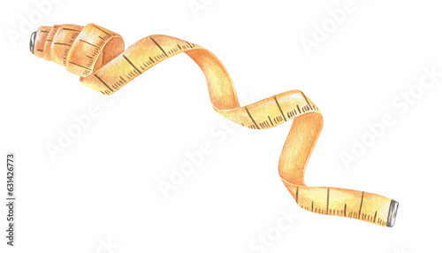 Tape Measure watercolor illustration. Hand drawn of yellow centimeter on white isolated background. Figure parameter meter. Paint drawing of diet control and weight loss