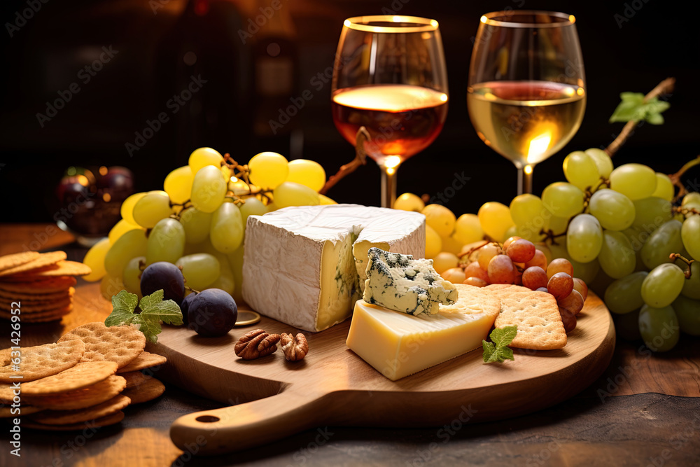 Close-up of a cheese board garnished with fresh grapes, crackers and the glass of white wine