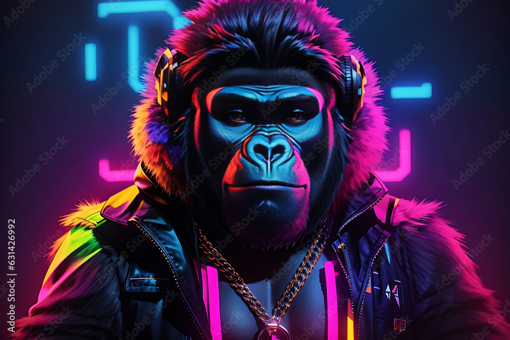 Neon portrait of gorilla rapper, gangster monkey character, Generate Ai