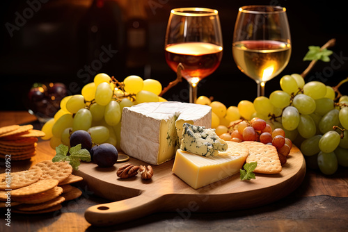Close-up of a cheese board garnished with fresh grapes  crackers and the glass of white wine