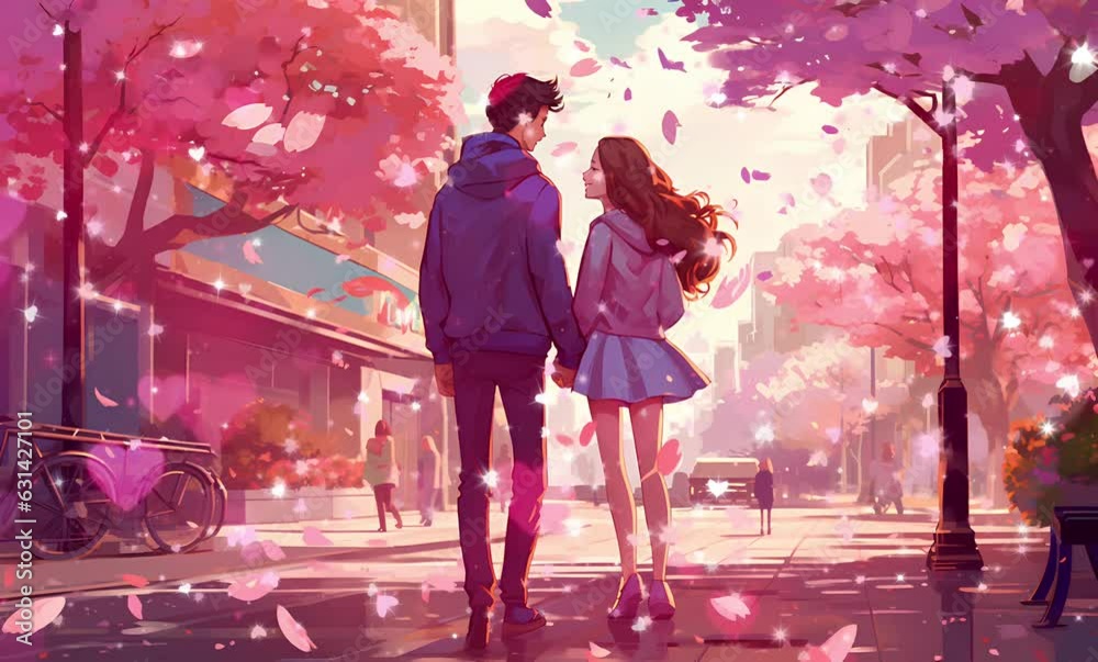 couple holding hands and walking on the side of the city smiling cartoon anime style. light love effect. autumn tree. Animated looping background couple holding hands and walking on the side of the city smiling cartoon anime style. light love effect. autumn tree. Animated looping background