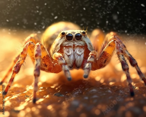 A photorealistic image of a super macro shot of Marbled orb-weaver spider, macro lens, emphasizing the detail and realism of image. Generative AI