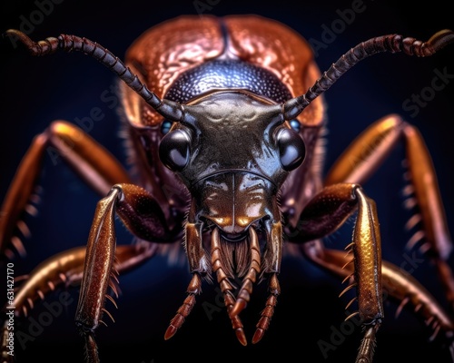 A photorealistic image of a super macro shot of Stag beetle, macro lens, emphasizing the detail and realism of image. Generative AI