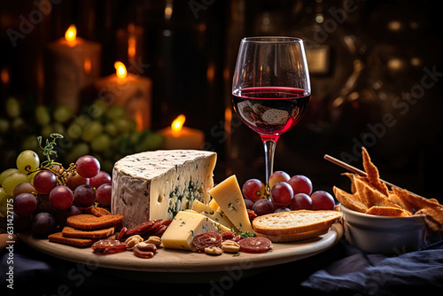 A close-up highlighting the intricate details of the cheese and glass of wine