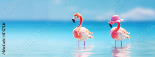 Travel and resort banner with funny pink flamingos standing in clear blue sea with clear sunny sky. Concept of summer vacation, traveling and resting on sea resort. Banner size,  copy space