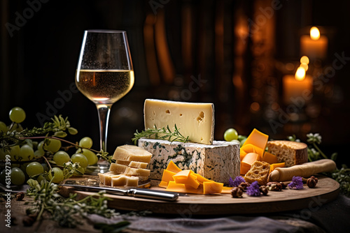 Close-up with the arrangement of slices of cheese accompanied by a glass of white wine