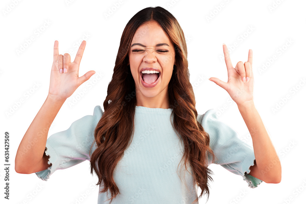 Hand, sign and rock and roll for woman at music, concert or excited for ...