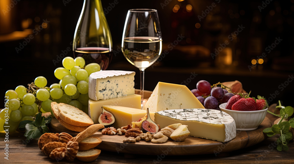 Close-up that captures the harmony between the glass of wine and a selection of cheeses