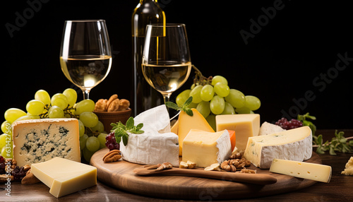 Close-up that captures the harmony between the glass of wine and a selection of cheeses