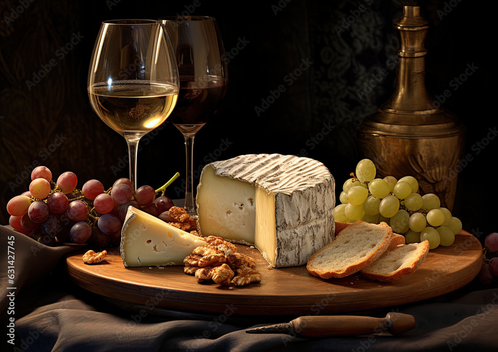 Textured closeup of cheese slices, glass of wine, rustic wooden plate and a cozy background