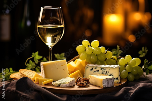 Glass of white wine, variety of cheese pieces, elegant wooden plate and luxurious atmosphere