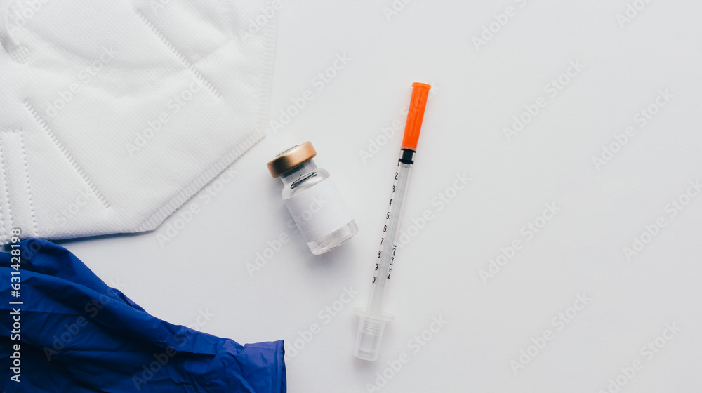 Web banner of vaccine in vial, syringe and face mask over white background. Medical concept. Insurance, laboratory, subcutaneous injection vaccination and dose. Disease treatment immunization.