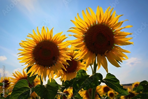 Fototapeta Naklejka Na Ścianę i Meble -  Sunflower. Beautiful yellow blooming flower with blue sky. Colorful nature background for summer season. (Helianthus)