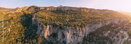 Aerial view of scenic rocks and cliffs in Geyikbayiri, Turkey - famous climbing spot. Outdoor activity and recreation place