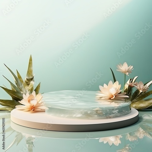 podiem stage product display temlate design blank stage with nature element tree leaf and water sky clean and clear area for advertising product showcase presentation mockup design,ai generate photo
