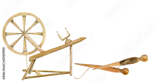 Hand drawn watercolor spinning wheel and spindle with indigo dyed thread for hobby, handcraft. Illustration isolated object composition on white background. Shop logo print, website, card, booklet.