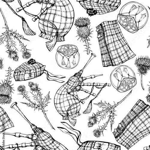 Ink hand drawn graphic vector sketch. Seamless pattern with scottish symbol objects. Traditional menswear, tartan kilt beret sporran pouch bagpipes. Design for wallpaper, print, paper, textile, fabric