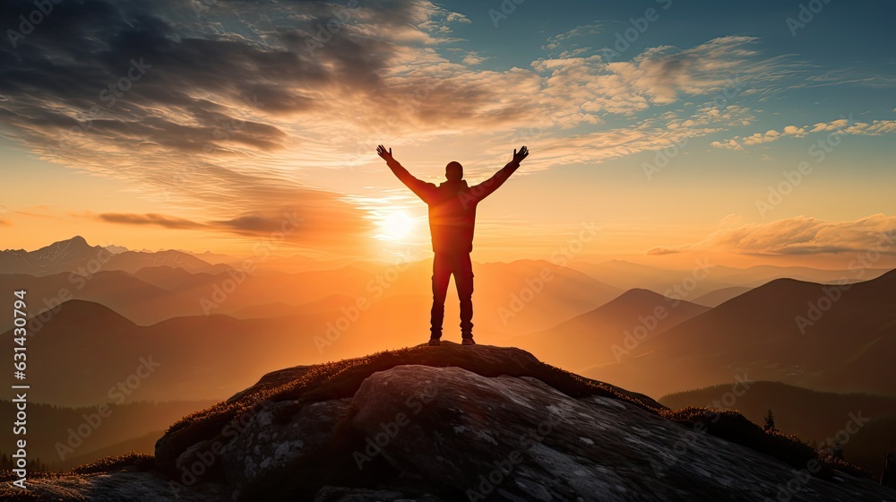 Silhouette of business male stand and feel happy on the most hight at the mountain on sunset, success, leader, teamwork, target, Aim, confident, achievement, goal, on plan, finish, generate by AI Silhouette of business male stand and feel happy on the most hight at the mountain on sunset, success, leader, teamwork, target, Aim, confident, achievement, goal, on plan, finish, generate by AI