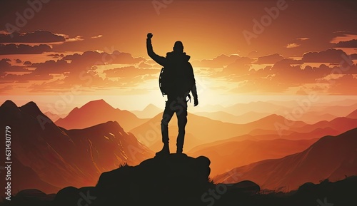 Silhouette of business male stand and feel happy on the most hight at the mountain on sunset, success, leader, teamwork, target, Aim, confident, achievement, goal, on plan, finish, generate by AI