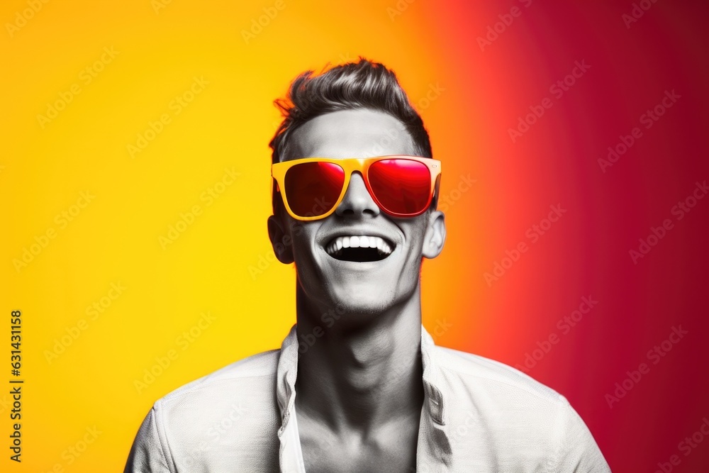 Portrait of a young smiling party guy in fashionable glasses, on a bright background in the studio, pop art and club life style, looks emotionally at the camera